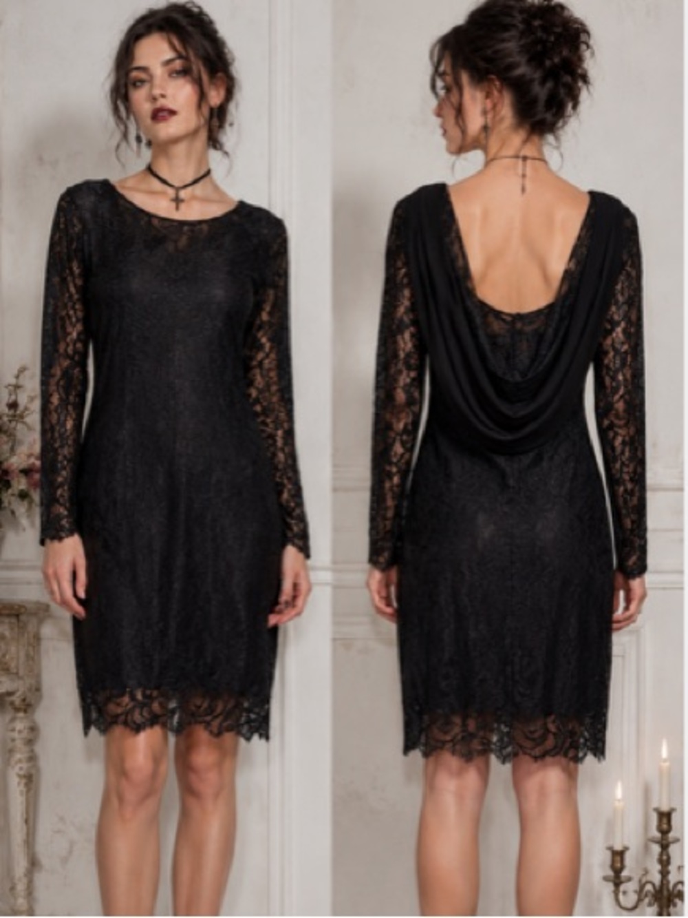 Vintage Black Lace Open-Back Long Sleeve Mini Dress Romantic Gothic Whimsigoth
